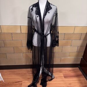 Victoria’s Secret long, sheer, black mesh tulle and lace peignoir robe M/L